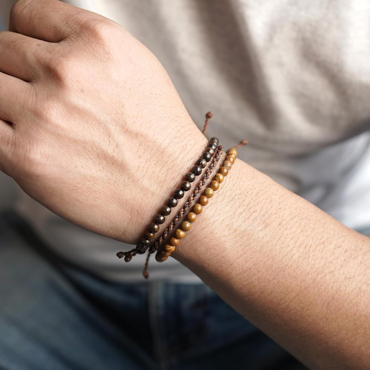 3 Pcs Handmade Natural Gemstone Beaded Bracelet, Adjustable Waterproof Rope Bracelet Set