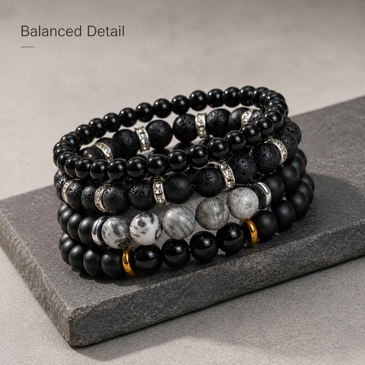 Men's Natural Stone Beaded Bracelet Set, 4 Pcs Stretch Stacking Bracelets with Lava Rock, Onyx, Tiger Eye, Howlite Beads