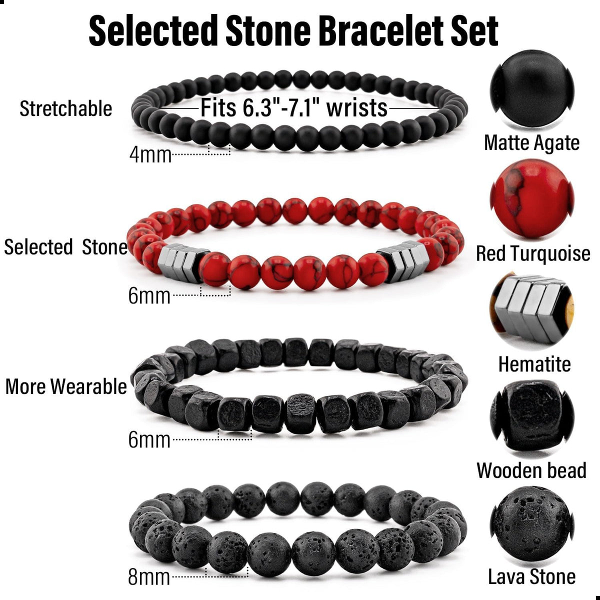 Men’s Hematite Bracelet Set Boho Multi - Tiger Eye/Matte Agate/Lava Rock Gifts for Birthday/Anniversary/Christmas