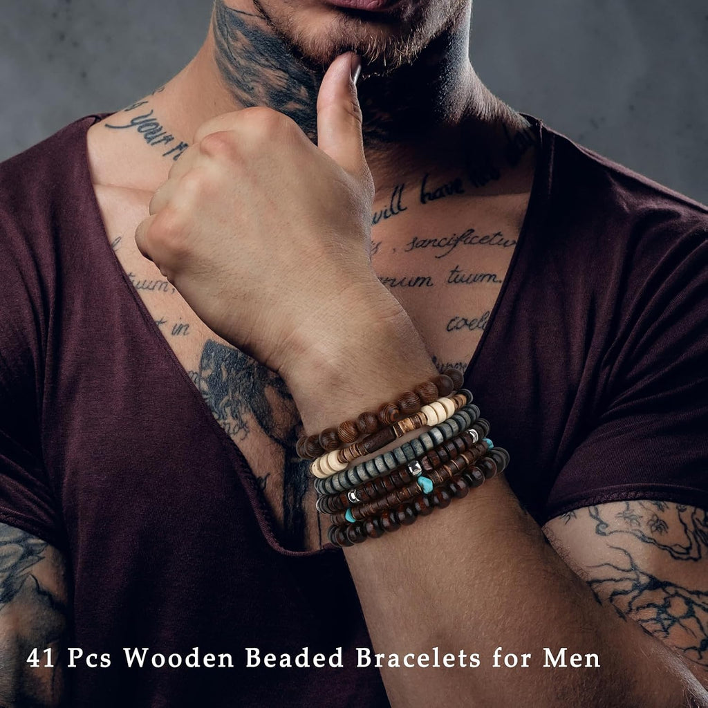 41/44 PCS Wooden Beaded Bracelets for Men, Larger Size Adjustable Punk Braided Wooden Bracelet, Bulk Wood Bangles Wristbands