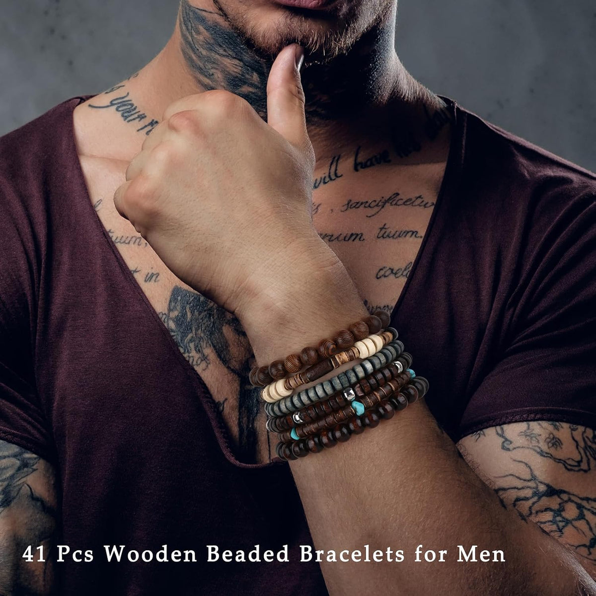 41/44 PCS Wooden Beaded Bracelets for Men, Larger Size Adjustable Punk Braided Wooden Bracelet, Bulk Wood Bangles Wristbands