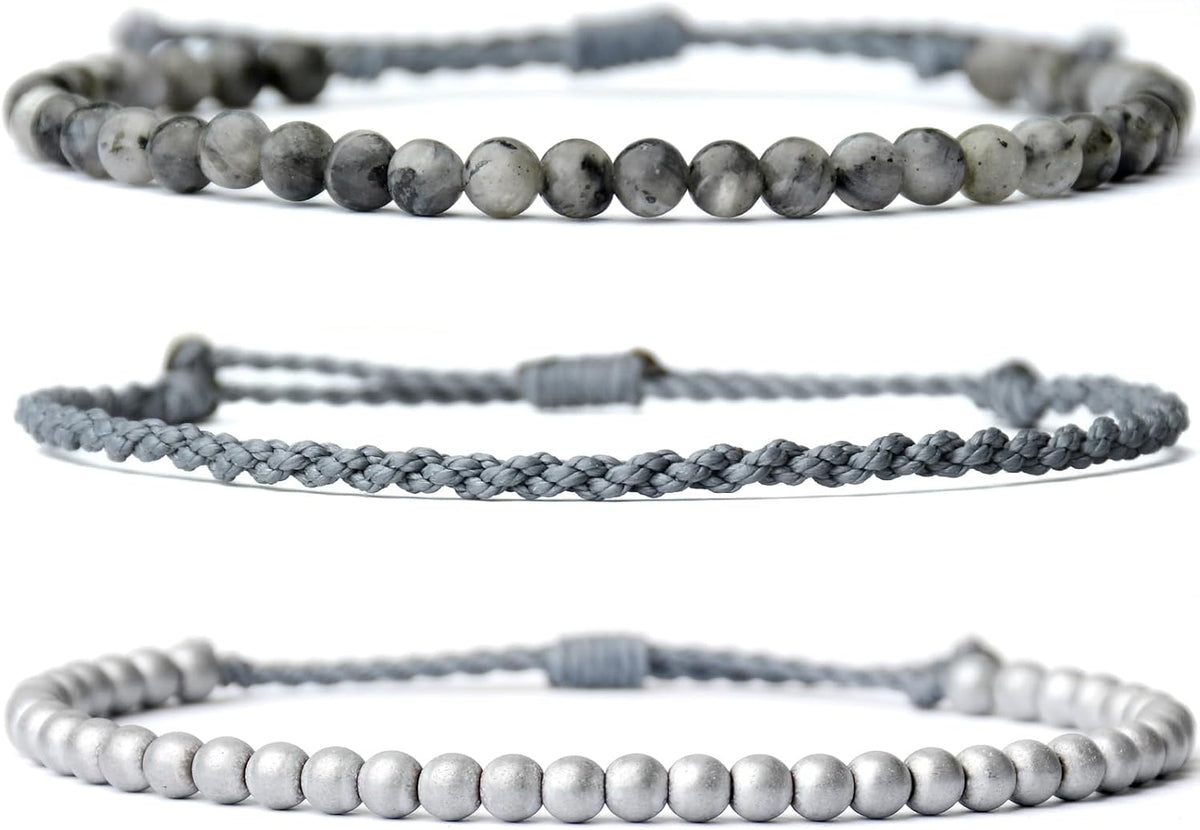 3 Pcs Handmade Natural Gemstone Beaded Bracelet, Adjustable Waterproof Rope Bracelet Set