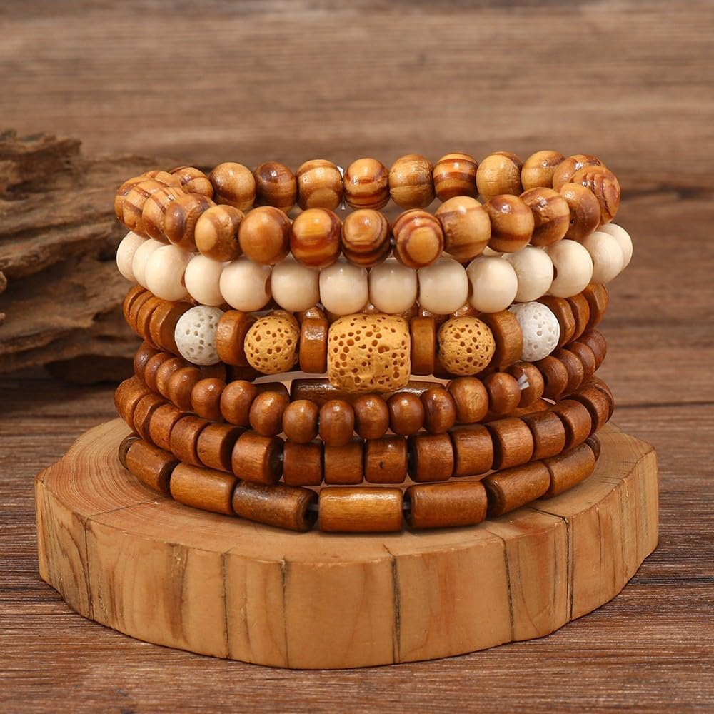 Multilayer Wooden Beaded Bracelet for Men and Women, Handmade Elastic Bracelet