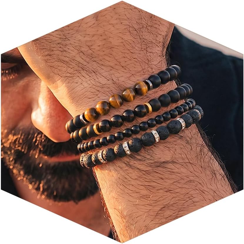Men's Natural Stone Beaded Bracelet Set, 4 Pcs Stretch Stacking Bracelets with Lava Rock, Onyx, Tiger Eye, Howlite Beads
