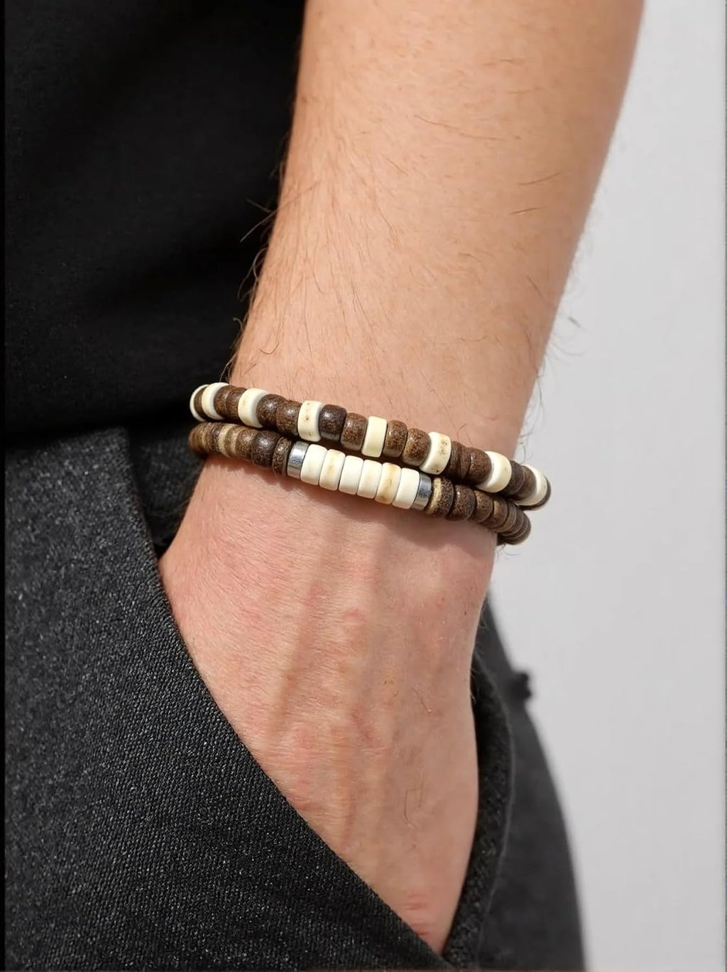 Puka Shell Bracelet for Men Wooden Bracelets Turquoise Stack Beaded Minimalist Trendy Jewelry for Friend Gift