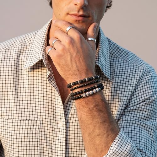 Men's Natural Stone Beaded Bracelet Set, 4 Pcs Stretch Stacking Bracelets with Lava Rock, Onyx, Tiger Eye, Howlite Beads