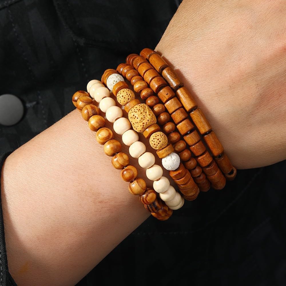 Multilayer Wooden Beaded Bracelet for Men and Women, Handmade Elastic Bracelet