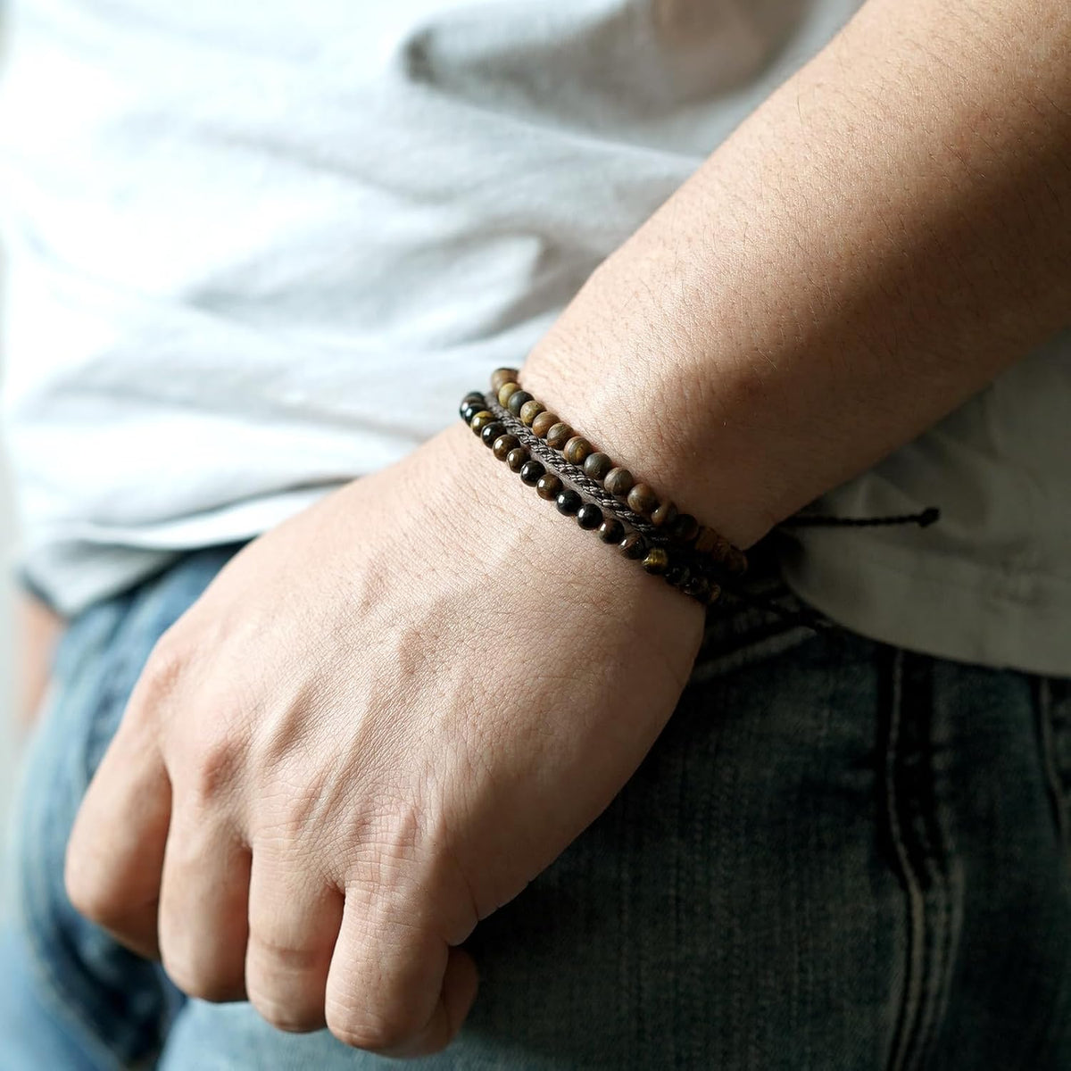 3 Pcs Handmade Natural Gemstone Beaded Bracelet, Adjustable Waterproof Rope Bracelet Set