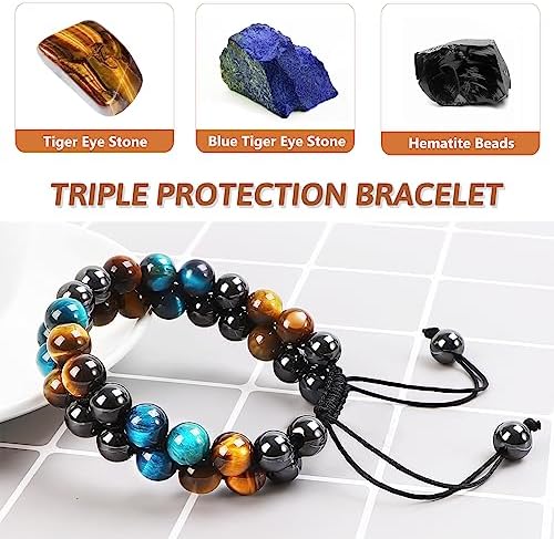Tiger Eye Bracelets for Men Women, Triple Protection Bracelet
