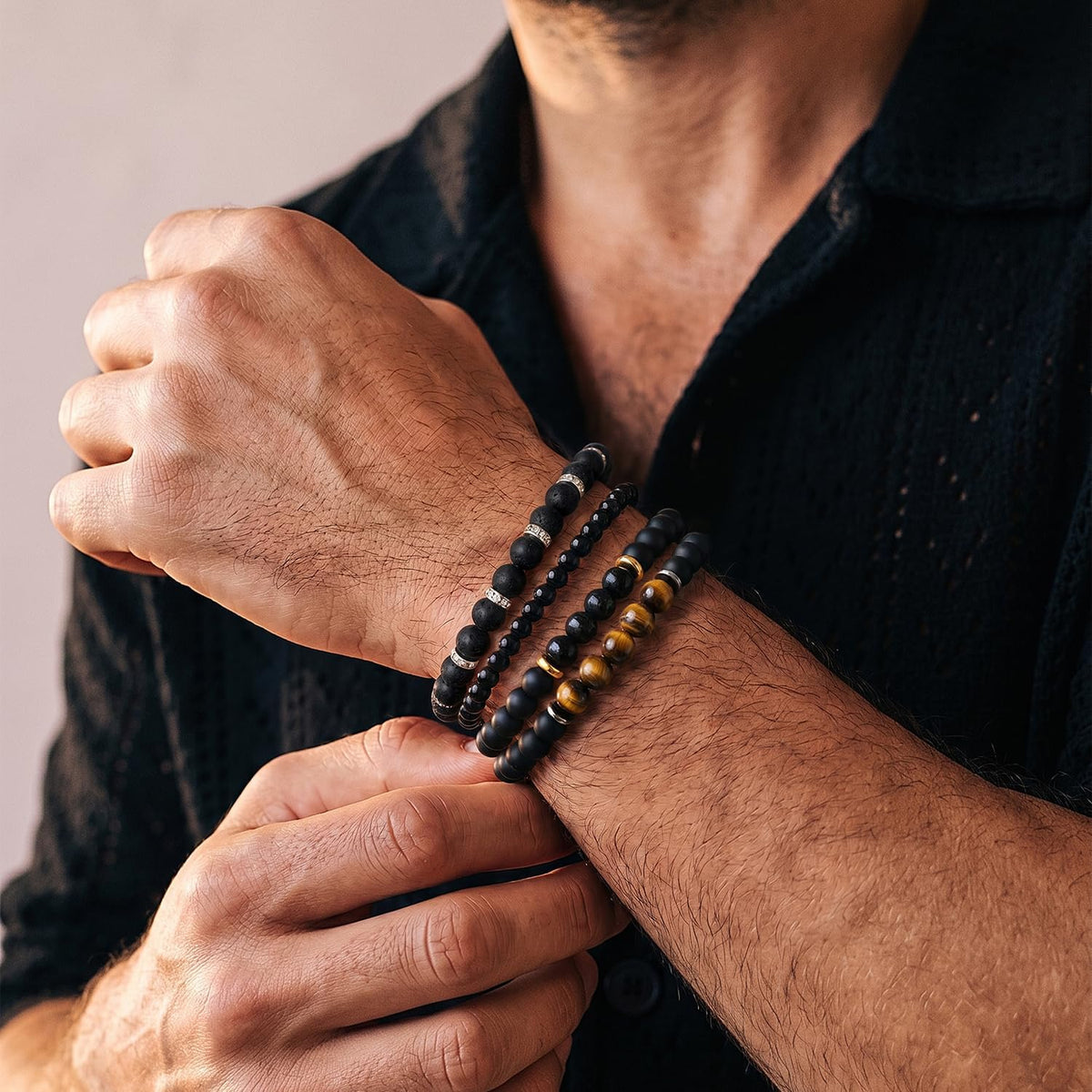 Men's Natural Stone Beaded Bracelet Set, 4 Pcs Stretch Stacking Bracelets with Lava Rock, Onyx, Tiger Eye, Howlite Beads
