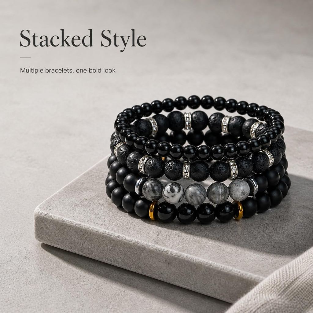 Men's Natural Stone Beaded Bracelet Set, 4 Pcs Stretch Stacking Bracelets with Lava Rock, Onyx, Tiger Eye, Howlite Beads