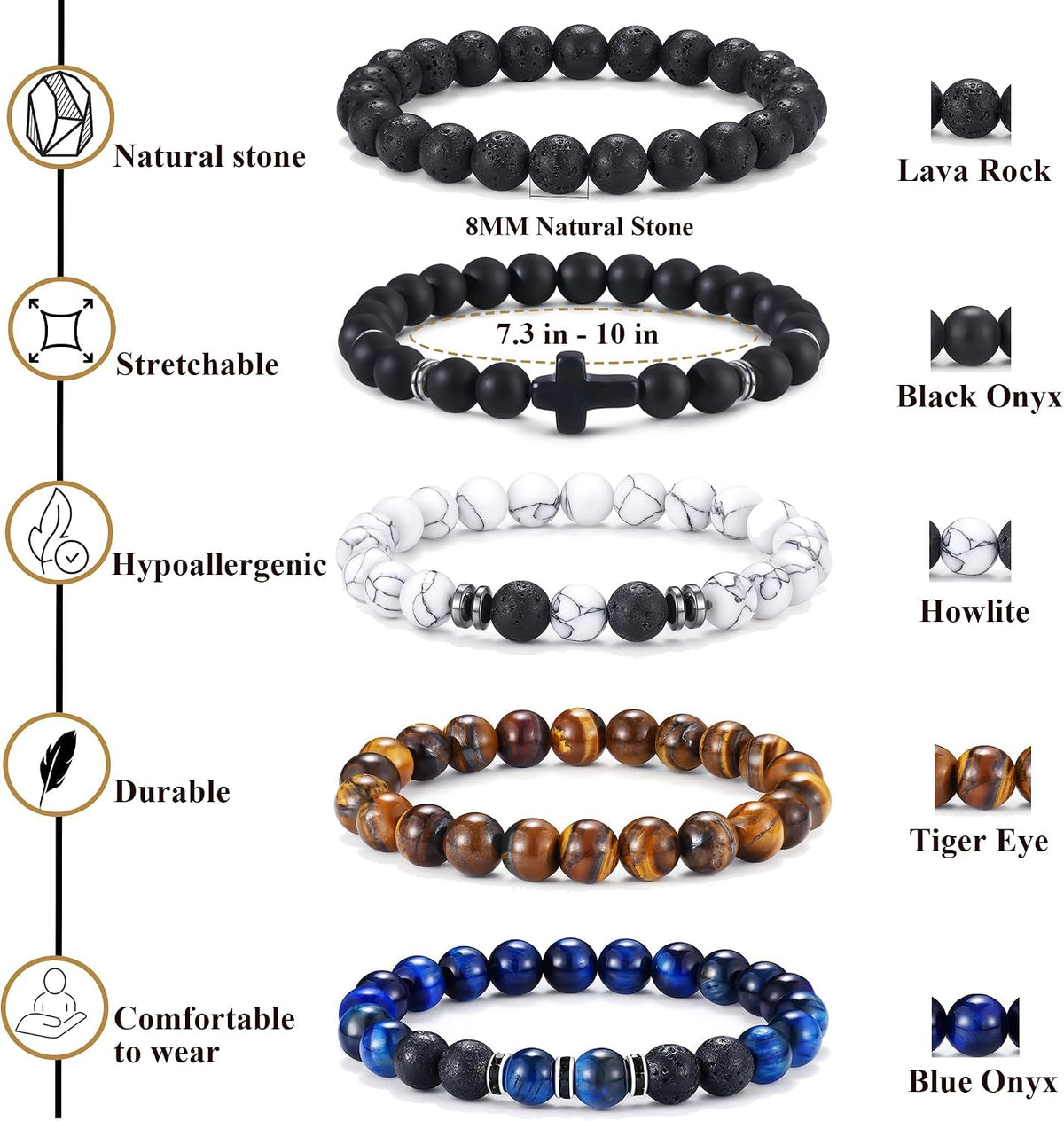 12PCS Beaded Bracelets for Men 8MM
