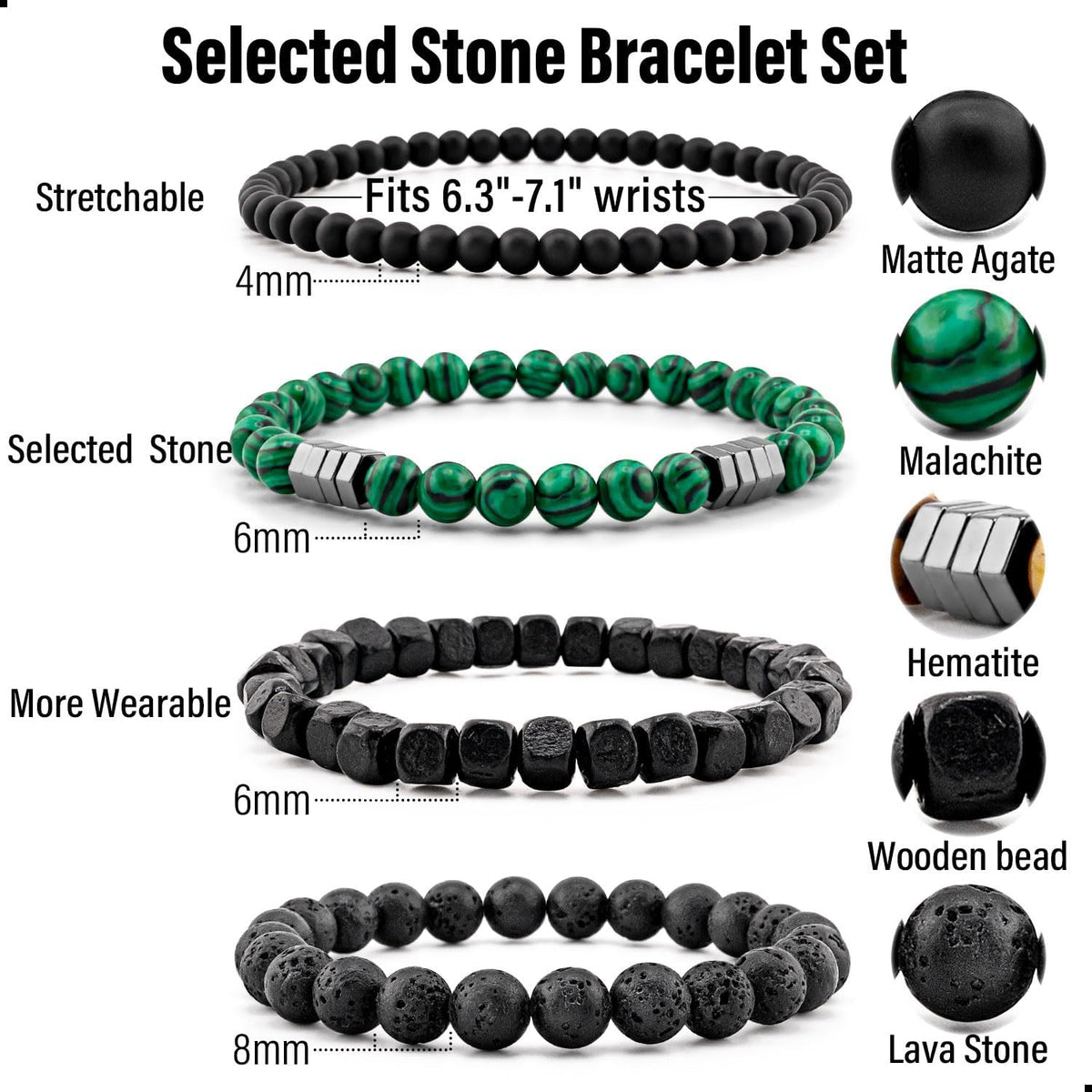 Men’s Hematite Bracelet Set Boho Multi - Tiger Eye/Matte Agate/Lava Rock Gifts for Birthday/Anniversary/Christmas