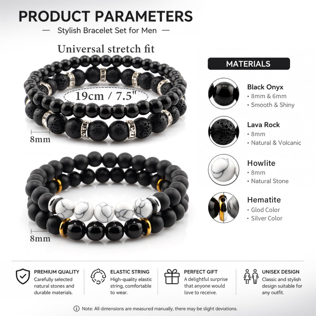 Men's Natural Stone Beaded Bracelet Set, 4 Pcs Stretch Stacking Bracelets with Lava Rock, Onyx, Tiger Eye, Howlite Beads