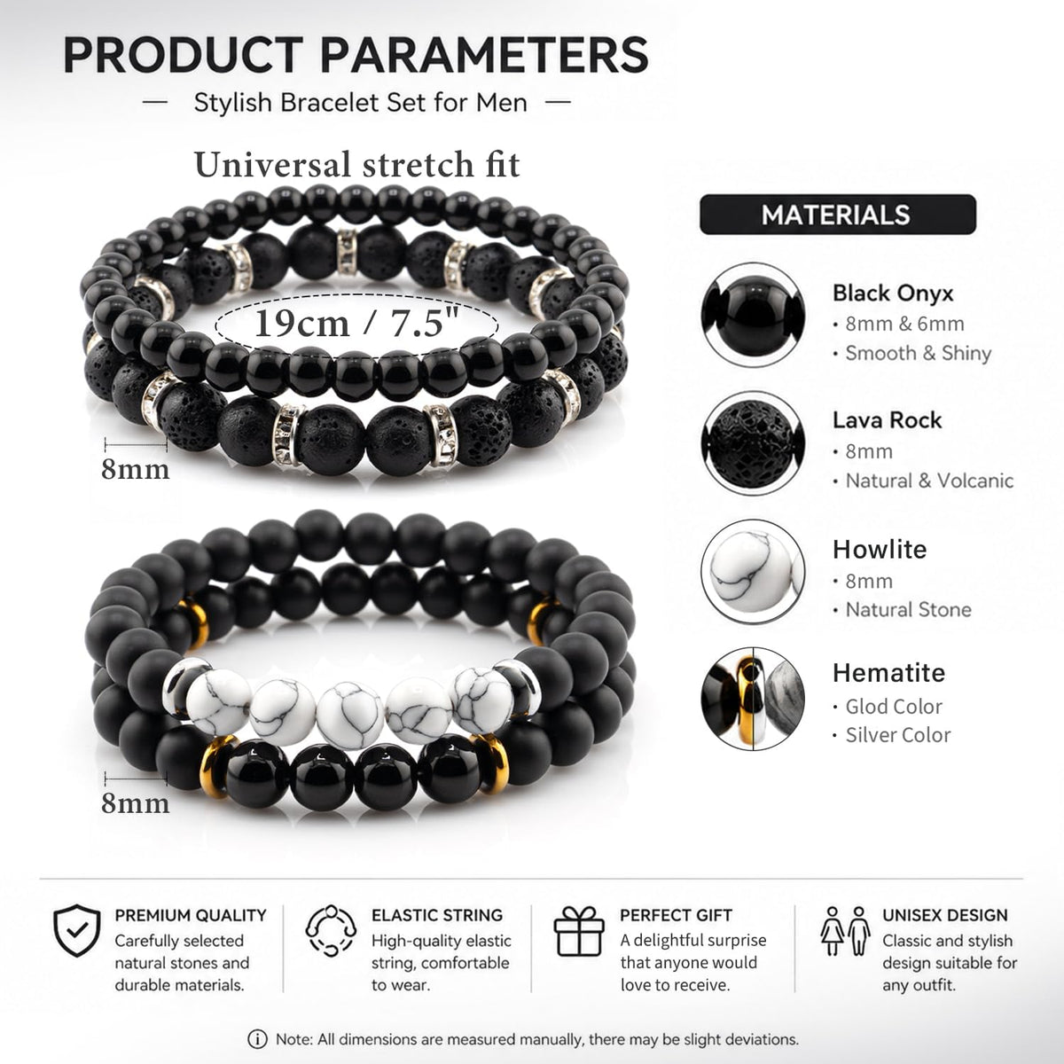 Men's Natural Stone Beaded Bracelet Set, 4 Pcs Stretch Stacking Bracelets with Lava Rock, Onyx, Tiger Eye, Howlite Beads