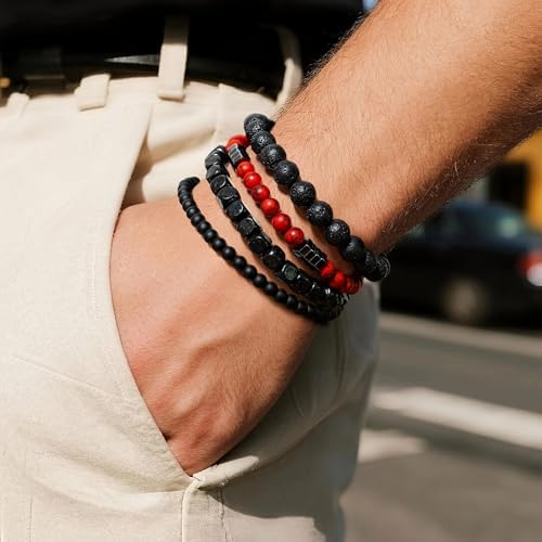 Men’s Hematite Bracelet Set Boho Multi - Tiger Eye/Matte Agate/Lava Rock Gifts for Birthday/Anniversary/Christmas