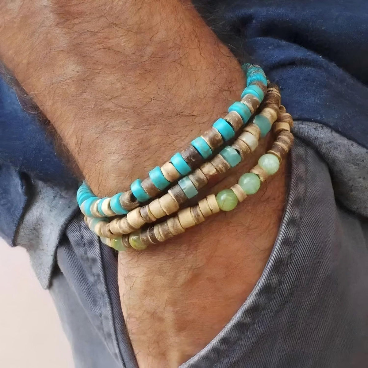 Puka Shell Bracelet for Men Wooden Bracelets Turquoise Stack Beaded Minimalist Trendy Jewelry for Friend Gift