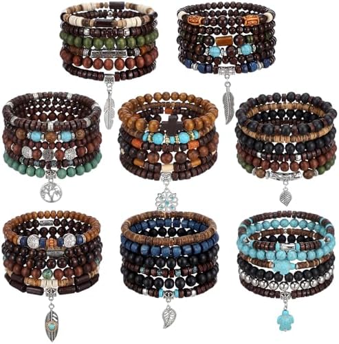 48 Pcs Punk Wooden Beads Bracelets, Gothic Bracelet for Men