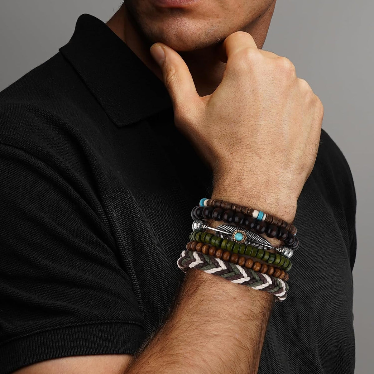 41/44 PCS Wooden Beaded Bracelets for Men, Larger Size Adjustable Punk Braided Wooden Bracelet, Bulk Wood Bangles Wristbands