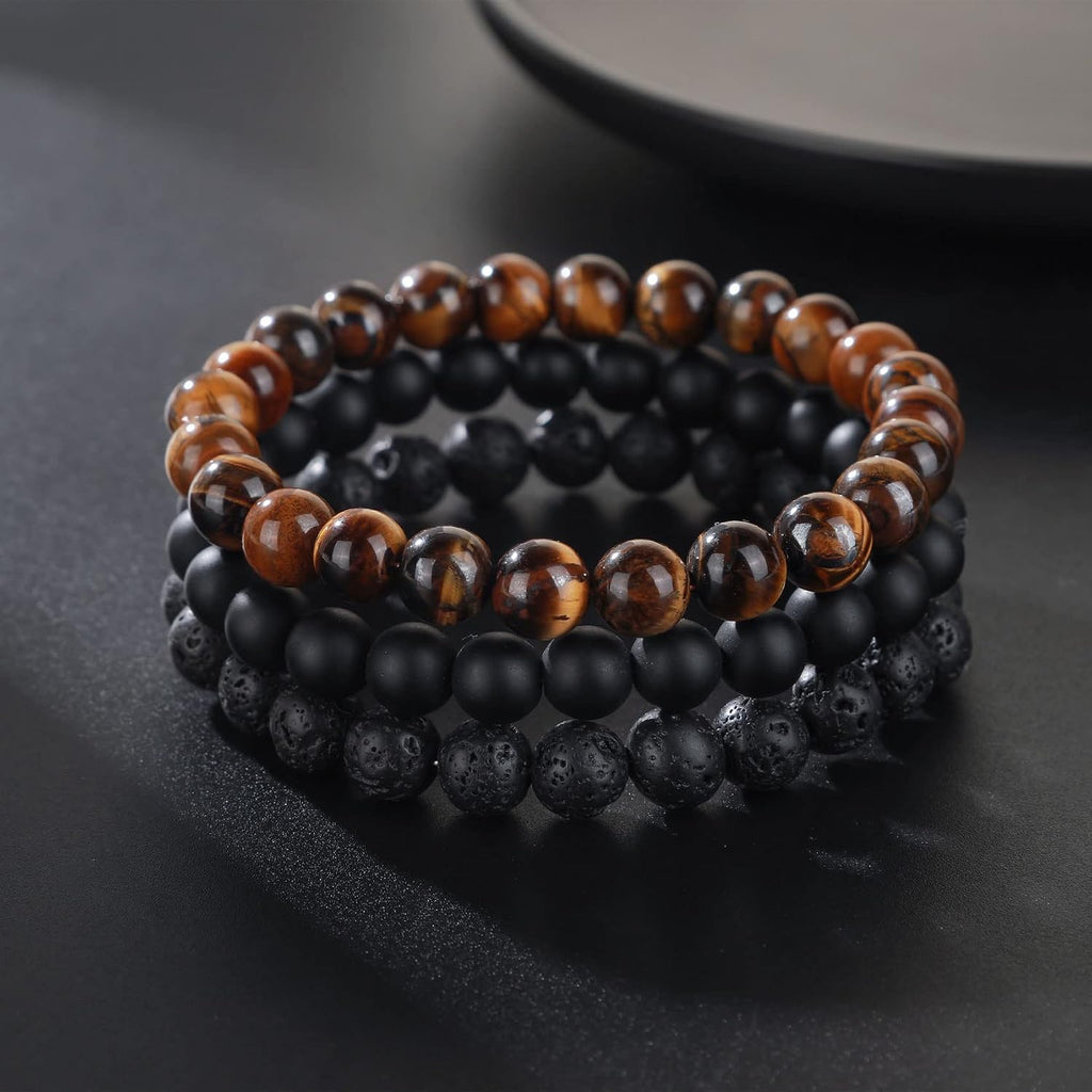 Tiger Eye Bracelet For Men 8MM Natural Stone Stretch Adjustable Black Crystal Beaded Bracelet for Men Women Gifts