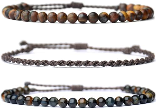 3 Pcs Handmade Natural Gemstone Beaded Bracelet, Adjustable Waterproof Rope Bracelet Set