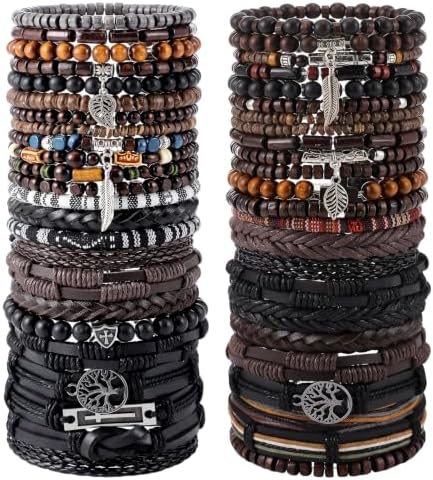 48 Pcs Punk Wooden Beads Bracelets, Gothic Bracelet for Men