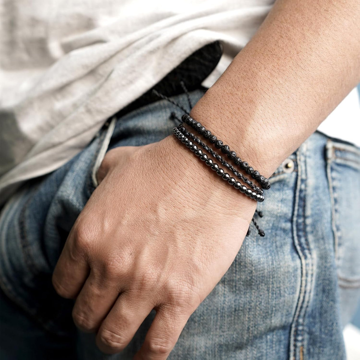 3 Pcs Handmade Natural Gemstone Beaded Bracelet, Adjustable Waterproof Rope Bracelet Set