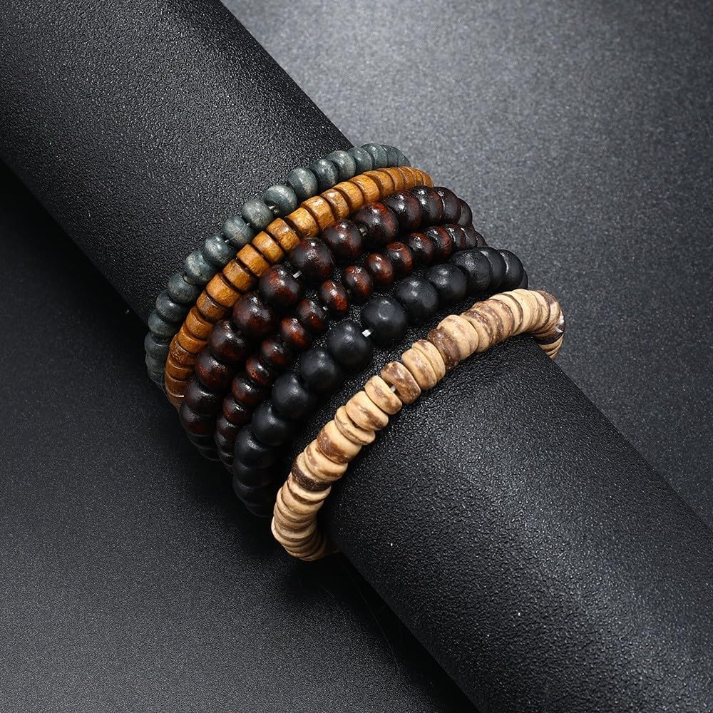 Multilayer Wooden Beaded Bracelet for Men and Women, Handmade Elastic Bracelet