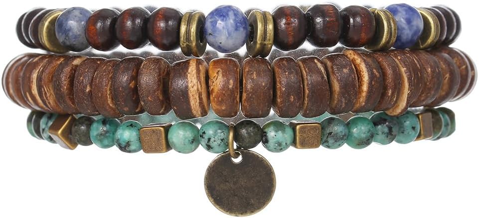Puka Shell Bracelet for Men Wooden Bracelets Turquoise Stack Beaded Minimalist Trendy Jewelry for Friend Gift