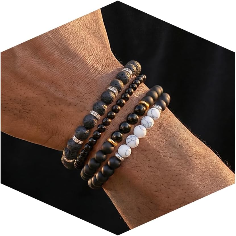 Men's Natural Stone Beaded Bracelet Set, 4 Pcs Stretch Stacking Bracelets with Lava Rock, Onyx, Tiger Eye, Howlite Beads