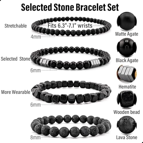 Men’s Hematite Bracelet Set Boho Multi - Tiger Eye/Matte Agate/Lava Rock Gifts for Birthday/Anniversary/Christmas