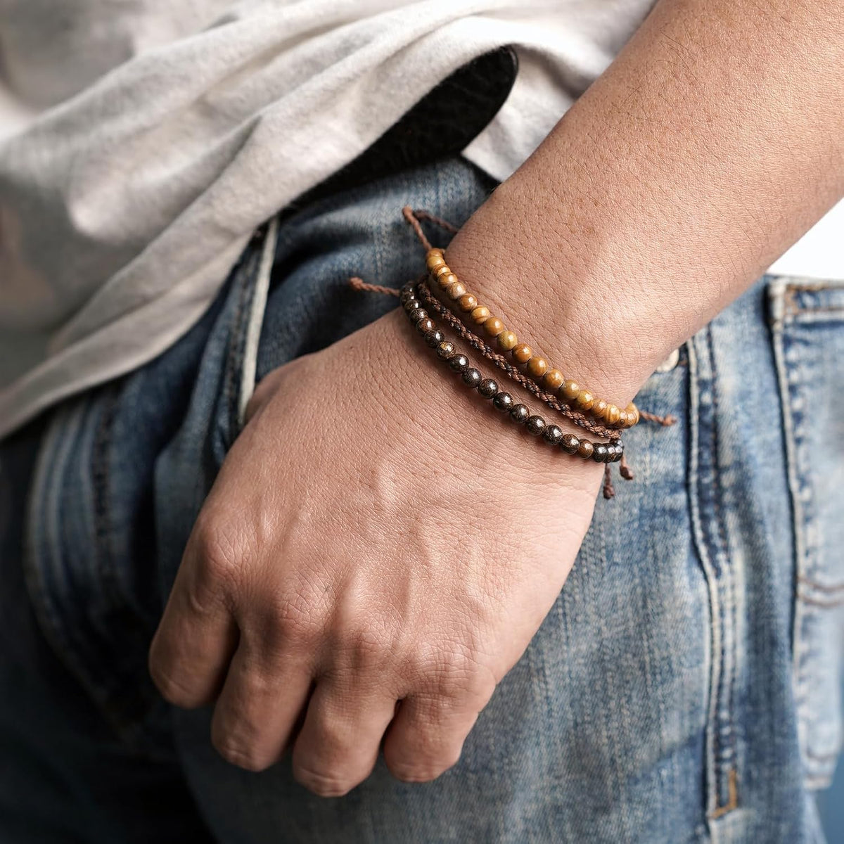 3 Pcs Handmade Natural Gemstone Beaded Bracelet, Adjustable Waterproof Rope Bracelet Set