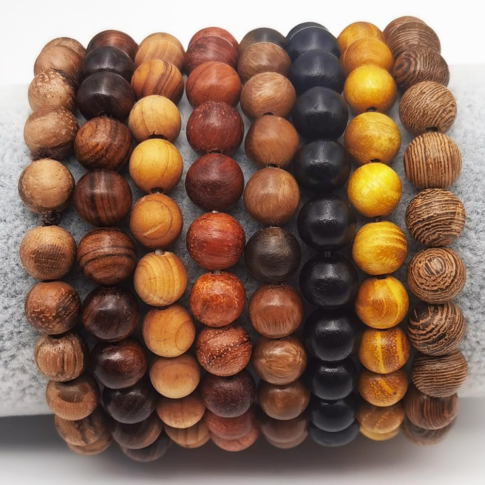 8 Pieces Natural Wood Elastic Beaded Bracelet for Men and Women