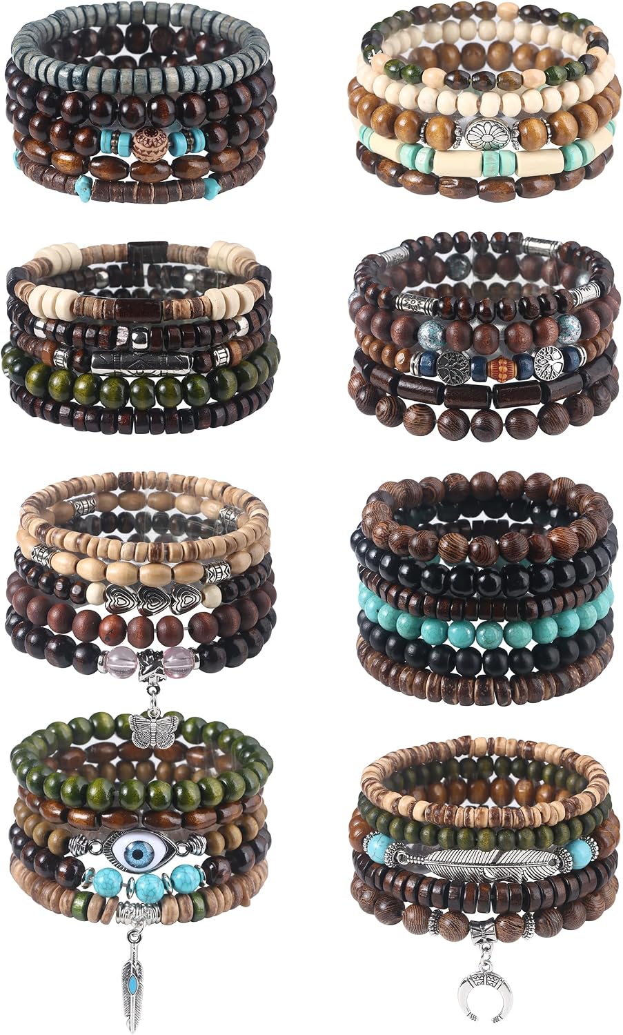 41/44 PCS Wooden Beaded Bracelets for Men, Larger Size Adjustable Punk Braided Wooden Bracelet, Bulk Wood Bangles Wristbands