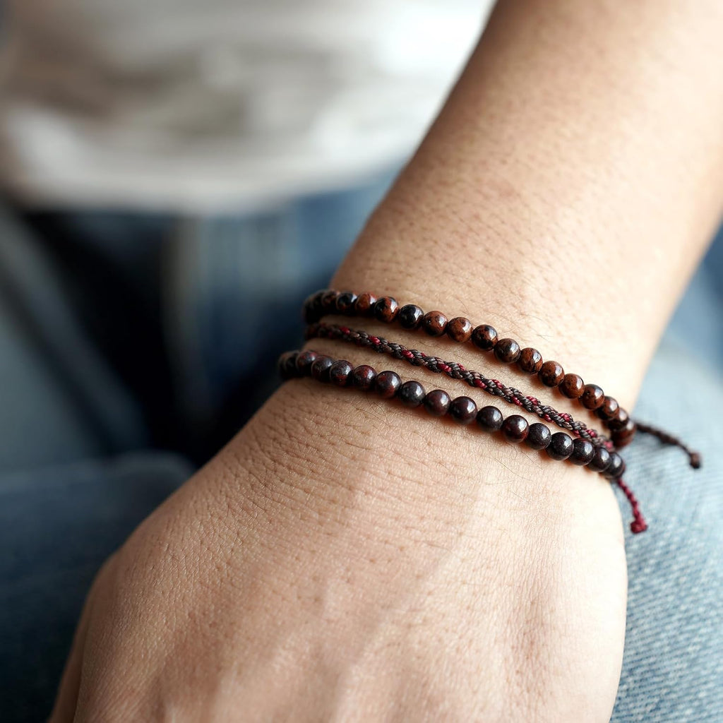 3 Pcs Handmade Natural Gemstone Beaded Bracelet, Adjustable Waterproof Rope Bracelet Set