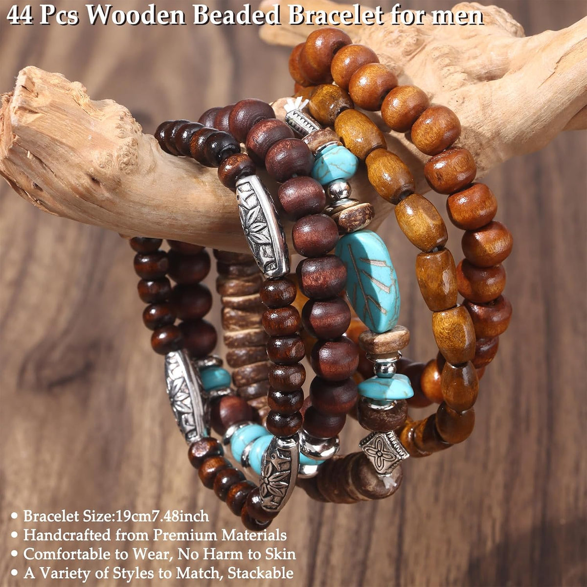 41/44 PCS Wooden Beaded Bracelets for Men, Larger Size Adjustable Punk Braided Wooden Bracelet, Bulk Wood Bangles Wristbands