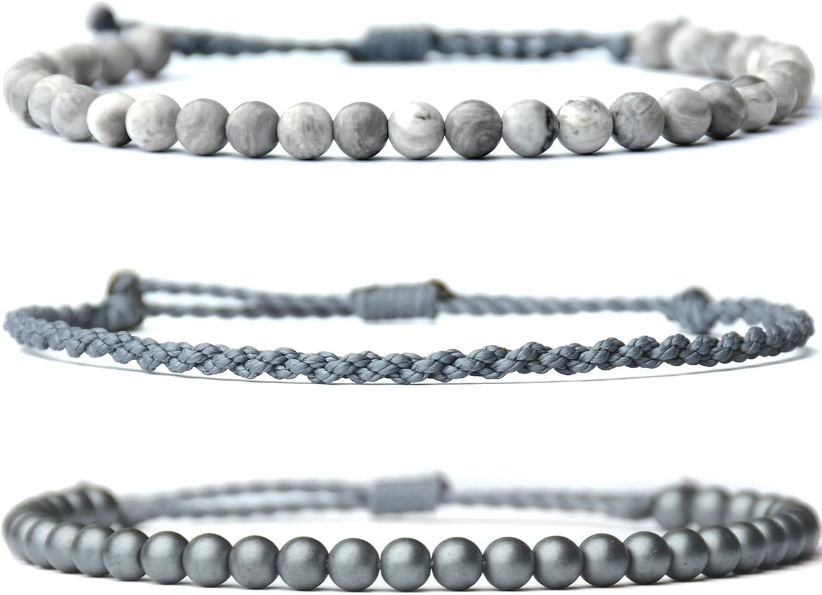 3 Pcs Handmade Natural Gemstone Beaded Bracelet, Adjustable Waterproof Rope Bracelet Set