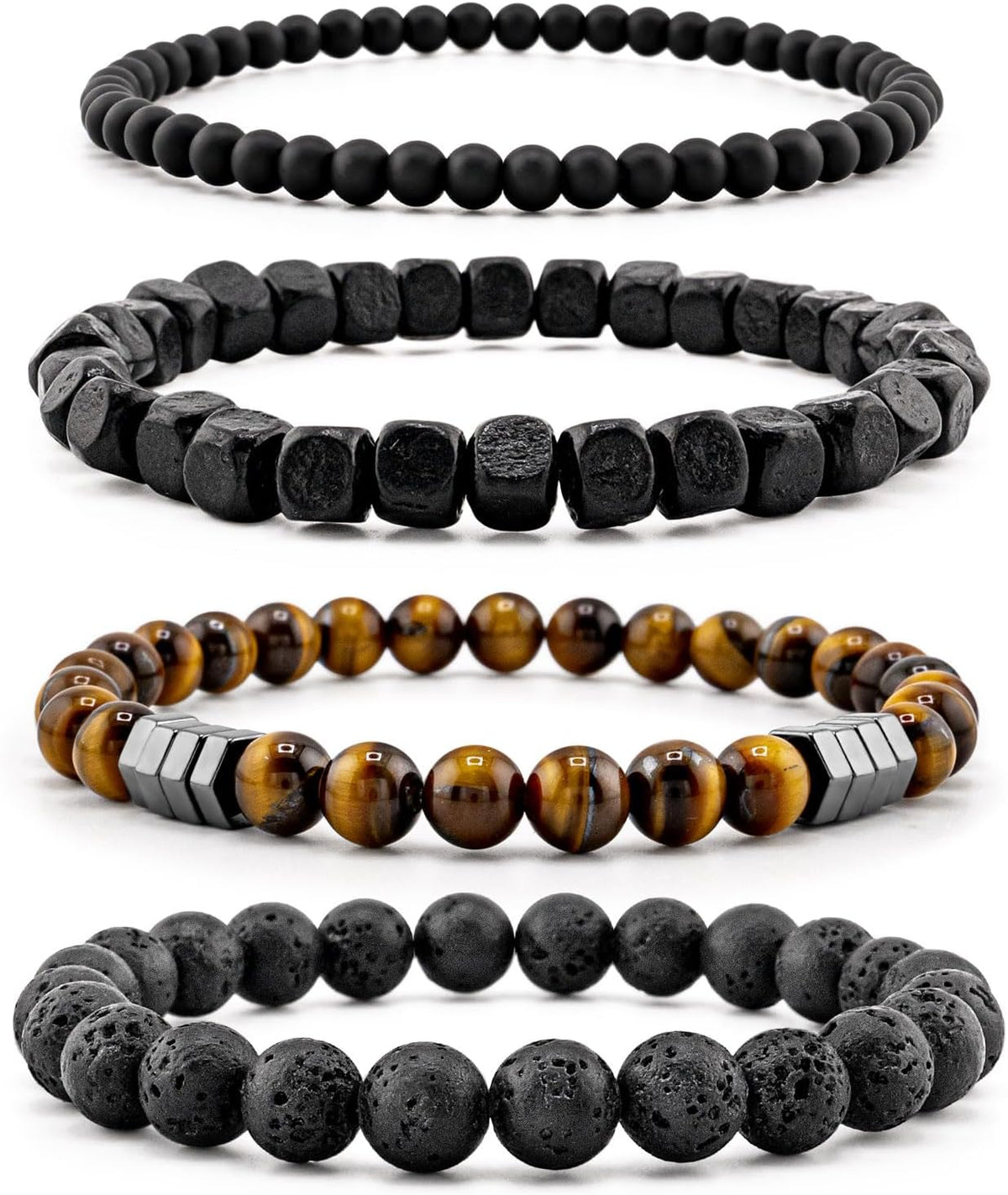 Men’s Hematite Bracelet Set Boho Multi - Tiger Eye/Matte Agate/Lava Rock Gifts for Birthday/Anniversary/Christmas