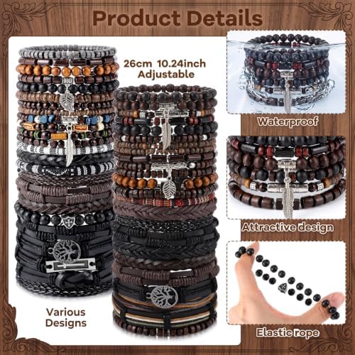 48 Pcs Punk Wooden Beads Bracelets, Gothic Bracelet for Men