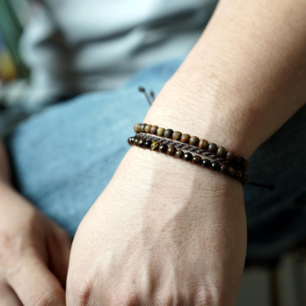 3 Pcs Handmade Natural Gemstone Beaded Bracelet, Adjustable Waterproof Rope Bracelet Set