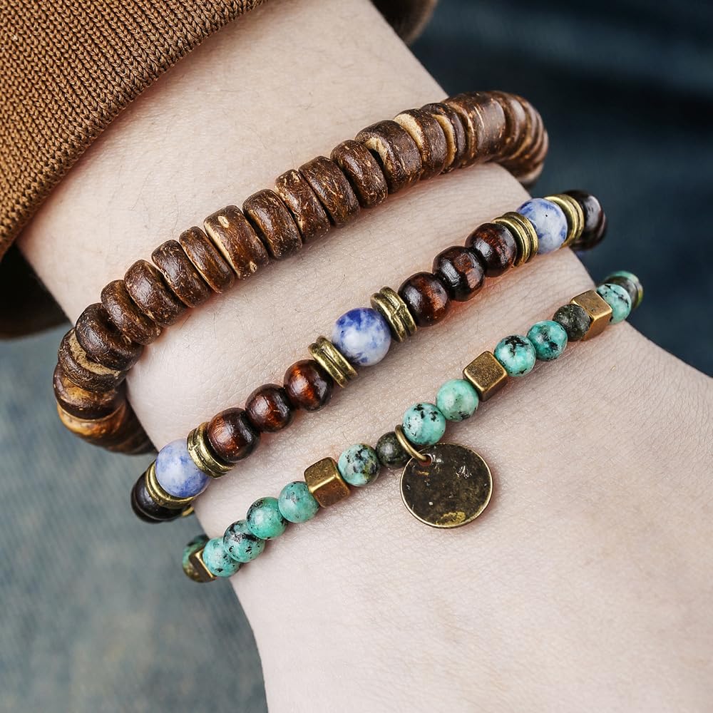 Puka Shell Bracelet for Men Wooden Bracelets Turquoise Stack Beaded Minimalist Trendy Jewelry for Friend Gift