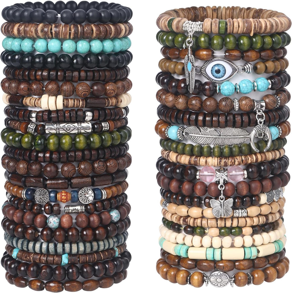 41/44 PCS Wooden Beaded Bracelets for Men, Larger Size Adjustable Punk Braided Wooden Bracelet, Bulk Wood Bangles Wristbands