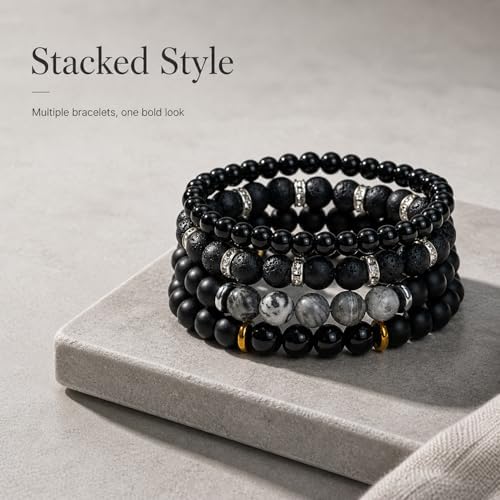 Men's Natural Stone Beaded Bracelet Set, 4 Pcs Stretch Stacking Bracelets with Lava Rock, Onyx, Tiger Eye, Howlite Beads
