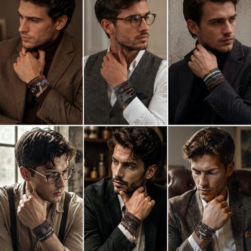 48 Pcs Punk Wooden Beads Bracelets, Gothic Bracelet for Men