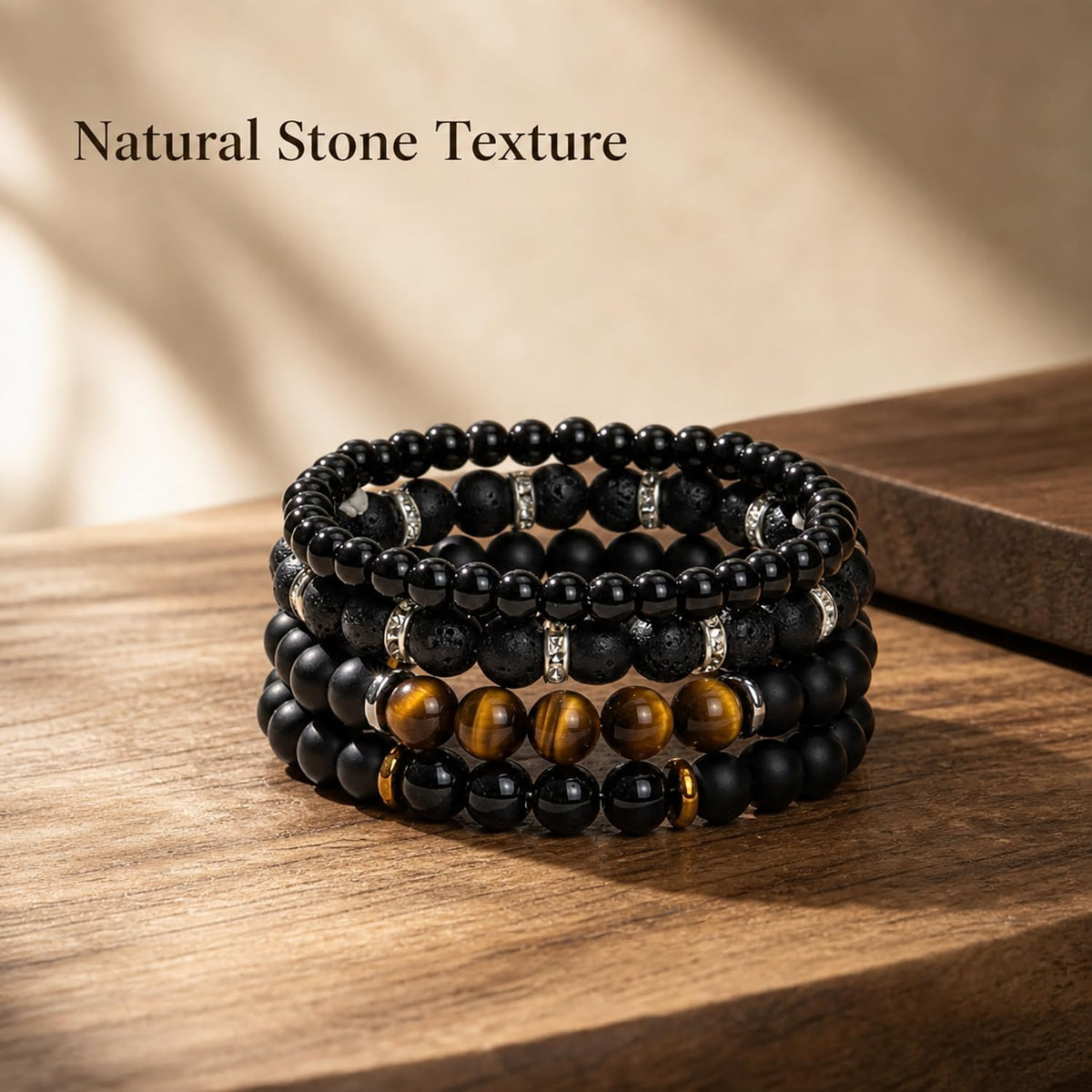 Men's Natural Stone Beaded Bracelet Set, 4 Pcs Stretch Stacking Bracelets with Lava Rock, Onyx, Tiger Eye, Howlite Beads