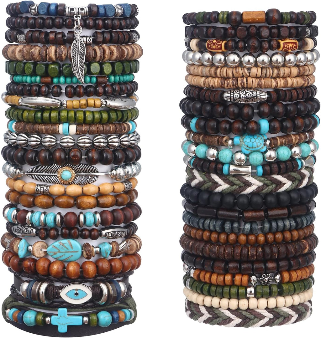 41/44 PCS Wooden Beaded Bracelets for Men, Larger Size Adjustable Punk Braided Wooden Bracelet, Bulk Wood Bangles Wristbands