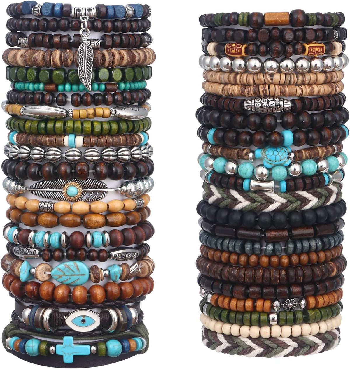 41/44 PCS Wooden Beaded Bracelets for Men, Larger Size Adjustable Punk Braided Wooden Bracelet, Bulk Wood Bangles Wristbands