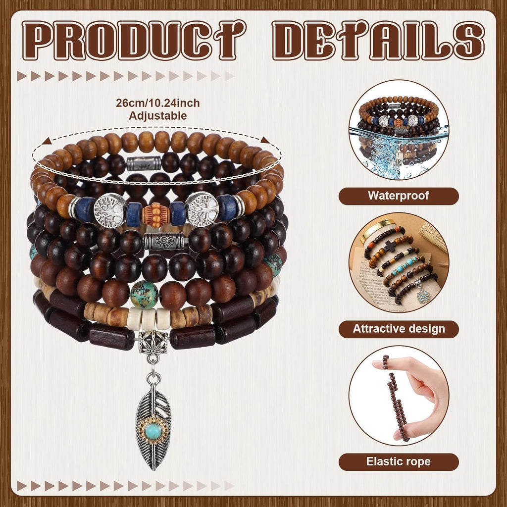 48 Pcs Punk Wooden Beads Bracelets, Gothic Bracelet for Men