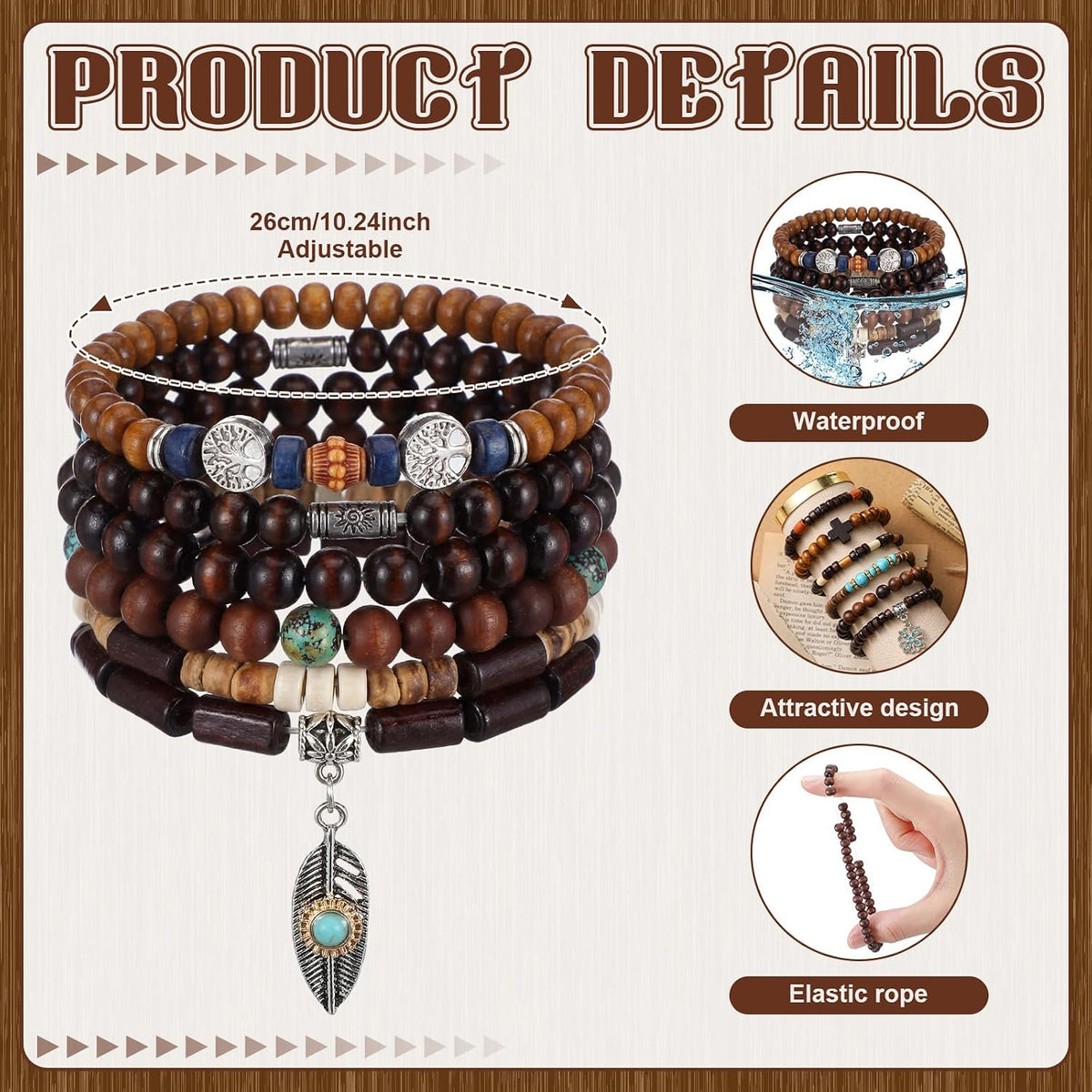 48 Pcs Punk Wooden Beads Bracelets, Gothic Bracelet for Men