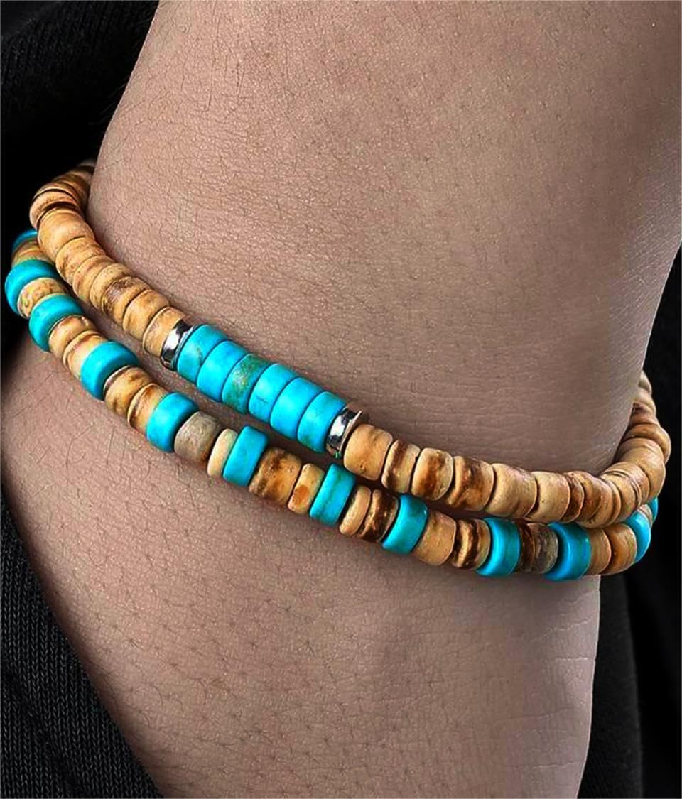 Puka Shell Bracelet for Men Wooden Bracelets Turquoise Stack Beaded Minimalist Trendy Jewelry for Friend Gift